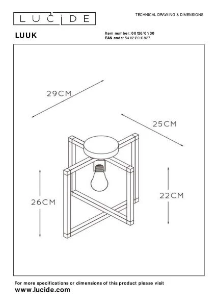 Lucide LUUK - Plafonnière - 1xE27 - Zwart - technisch